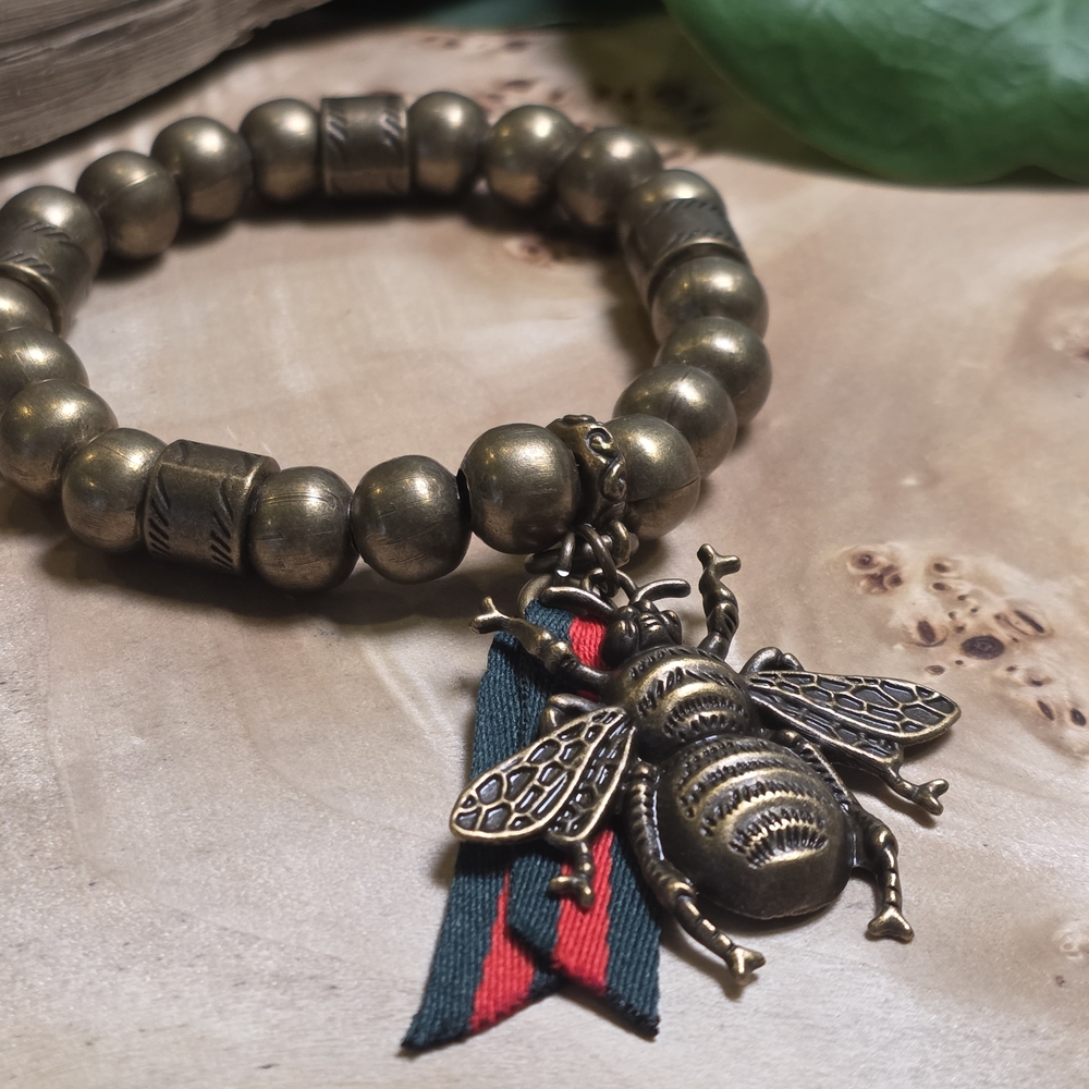 Antique Gold Beaded Bracelet with Bee Charm
